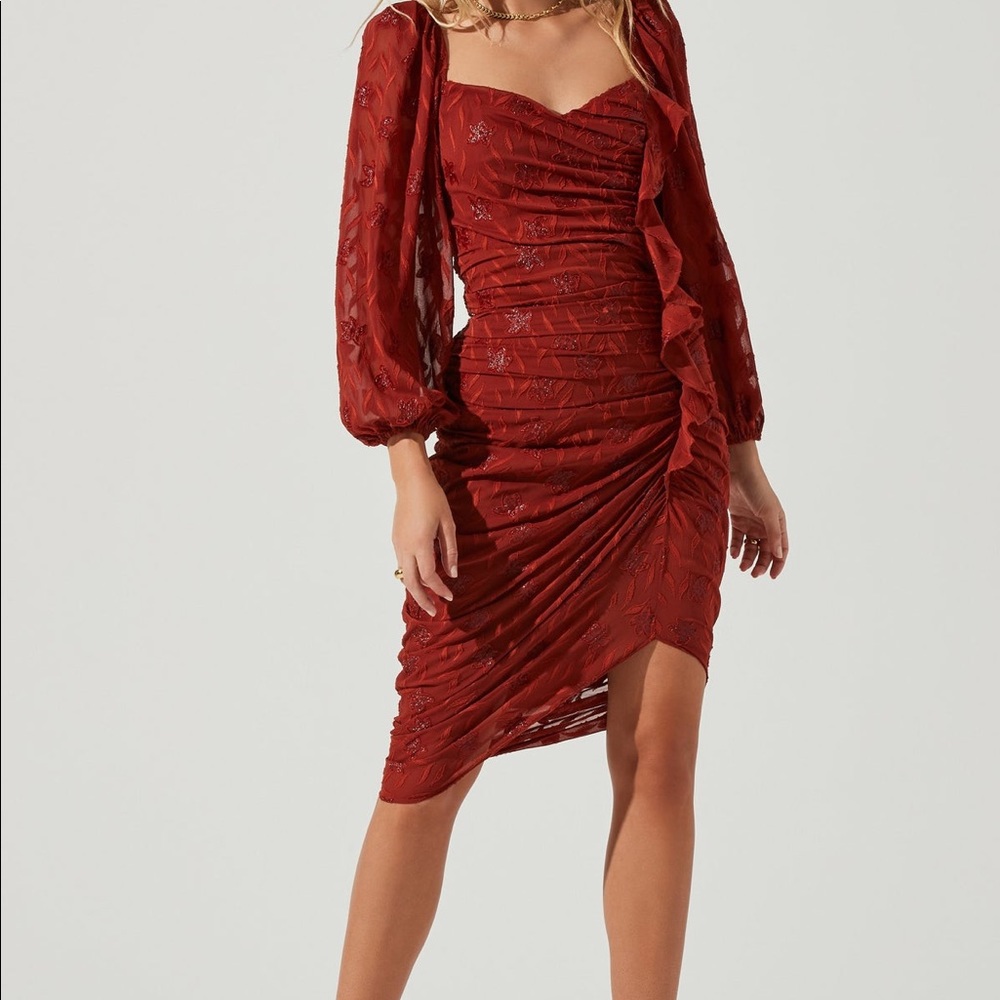 Athens Ruched Puff Sleeve Burnout Midi Dress